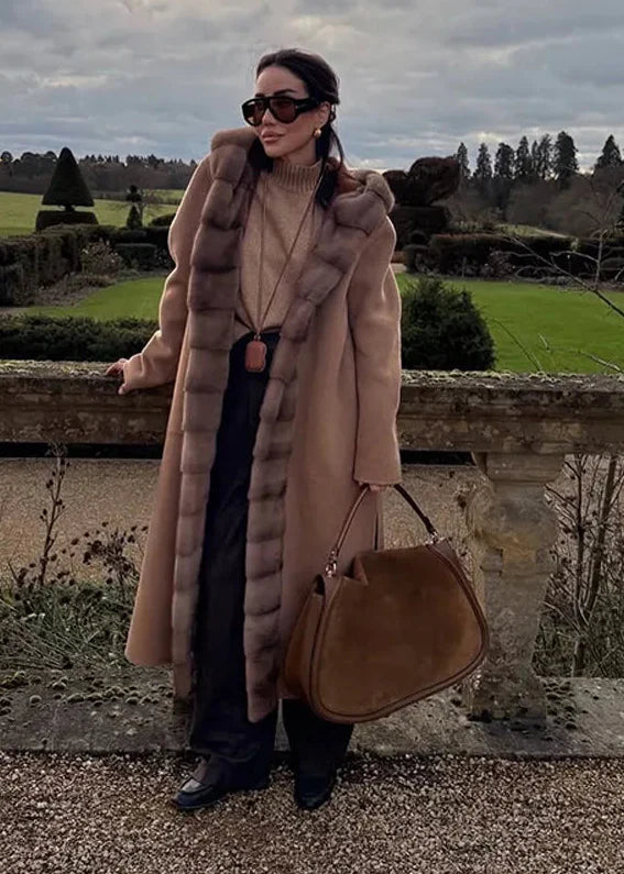 2025 New Fashion Winter Fur Collar Cashmere Wool Jacket Women Belted O - Main View