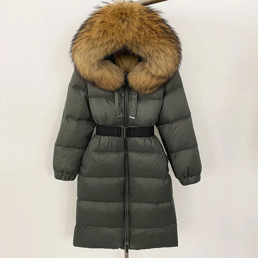 OFTBUY New Winter 2024 Real Fur Coat Women Warm 90 White Duck Down Coat Hooded N - Main View