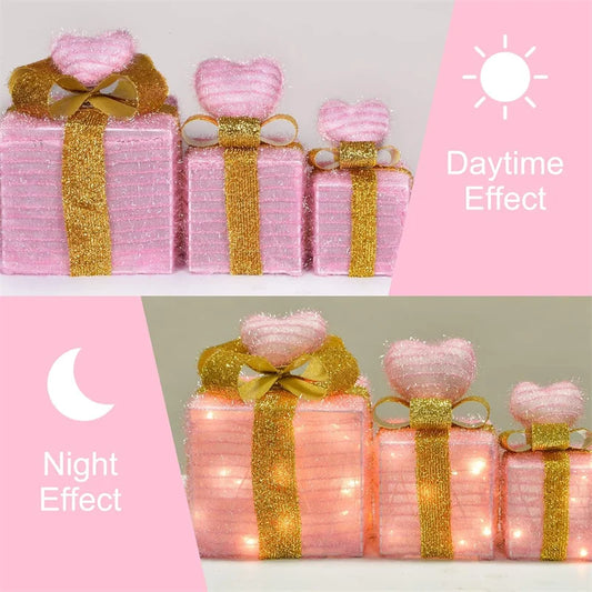 3pcs Christmas Gift Box Christmas Decor Luminous Bow Holi... - Front View