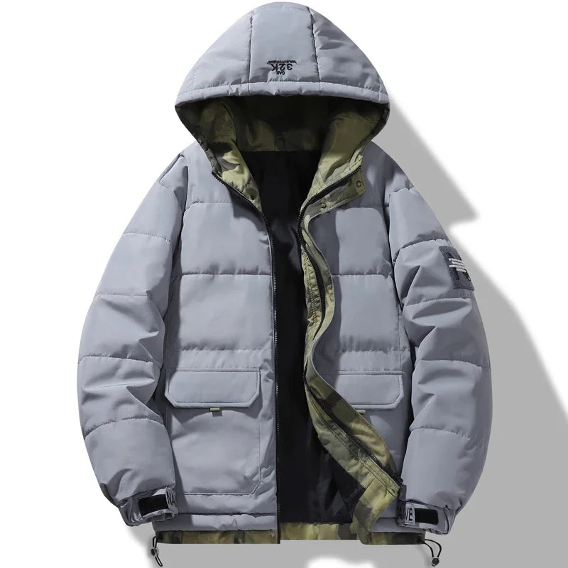 Gray puffer jacket with camouflage lining on a white background
