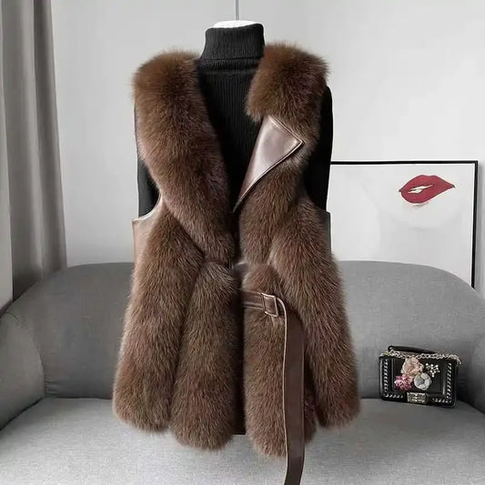 Thick Faux Fur Vest Jacket for Women Warm Colorblock Winter Maxi Coat Luxury Sle - Side View