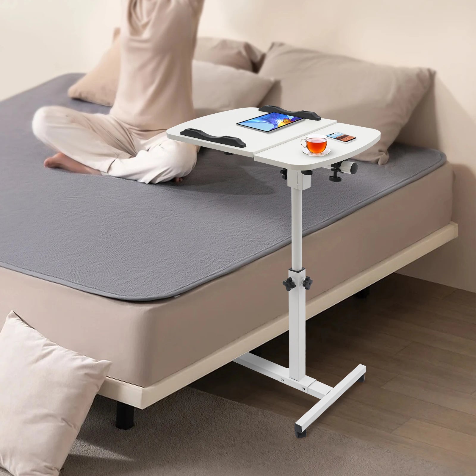 Height Adjustable White Computer Desk Stand with Wheels Adjustable Rolling Laptop Table Suitable for Bedroom, Living Room,...