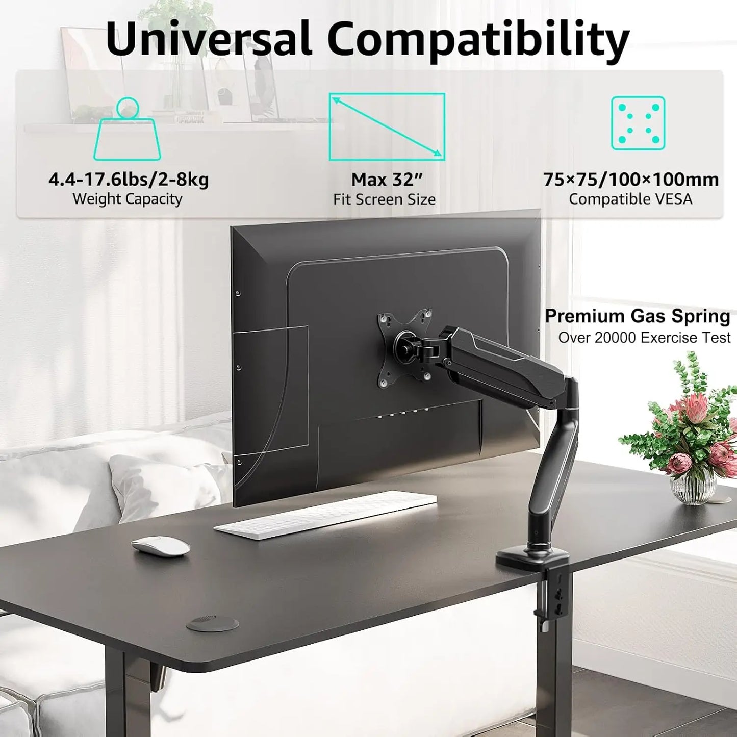 Redragon GMK914 Single Monitor Mount Stand Gas Spring Adjustable Arms with VESA 75/100mm, 13-32 Inch Screen Compatibility - Close-up View