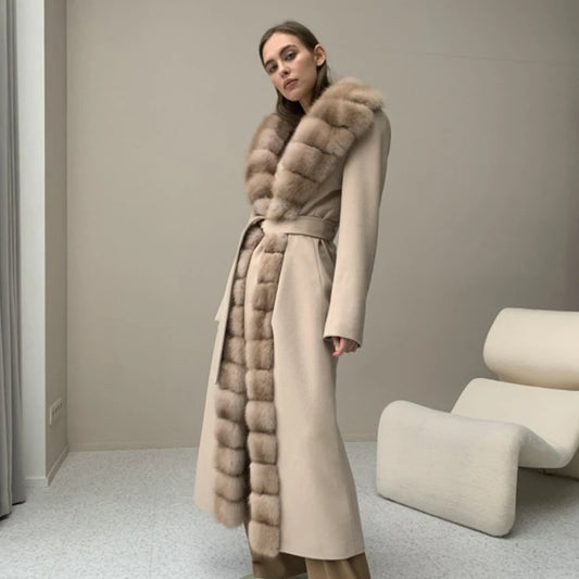 Winter New Cashmere Wool Coat Natural Fox Fur Warm Winter Jackets Fur Coat Women - Main View