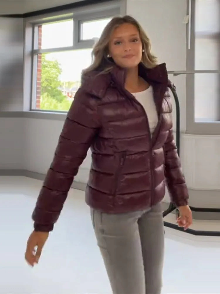 Women Burgundy Padded Coats - Hooded Zipper Winter Fashion Jacket - Product Details
