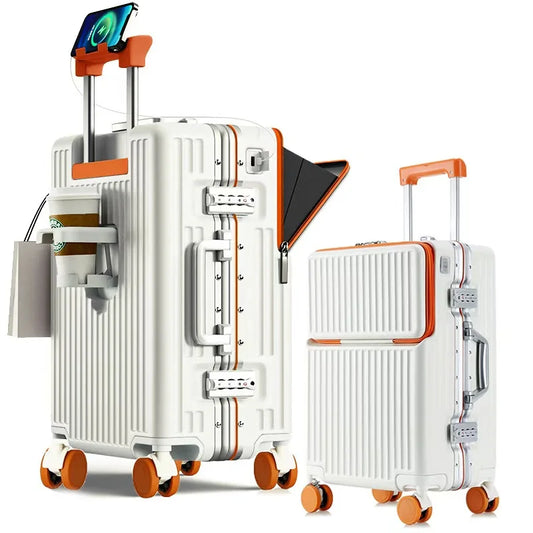 Aluminium Frame Suitcase Front Opening Cabin Luggage with USB Cup Holder Female Trolley Case Male Br