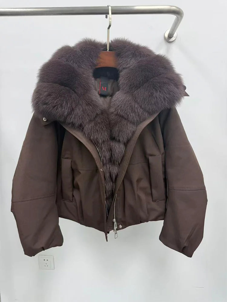 New Fashion Winter Casual Puffer Jackets Natural Fox Fur Collar Coat Short Goose Down Jacket Luxury 