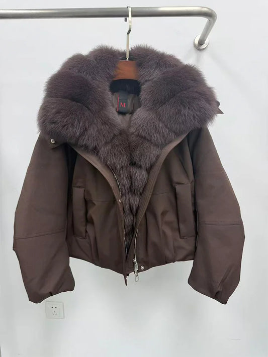 New Fashion Winter Casual Puffer Jackets Natural Fox Fur Collar Coat Short Goose Down Jacket Luxury 