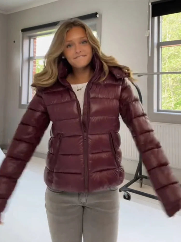 Women Burgundy Padded Coats - Hooded Zipper Winter Fashion Jacket - Usage Example