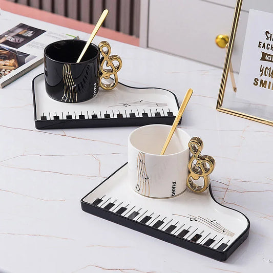 Piano Key Coffee Mug - Nordic Ceramic Cup with Spoon - Detail View