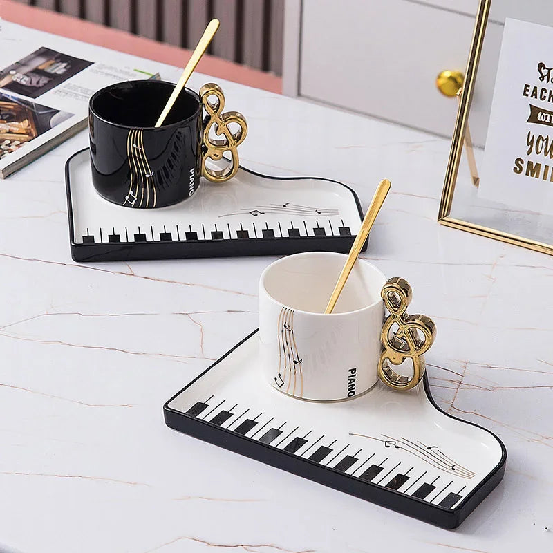 Piano Key Coffee Mug - Nordic Ceramic Cup with Spoon - Detail View