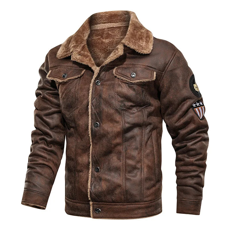 Man Leather Jacket Winter New High Street Turn Down Collar Male Bomber Outerwear Single-breasted Lon