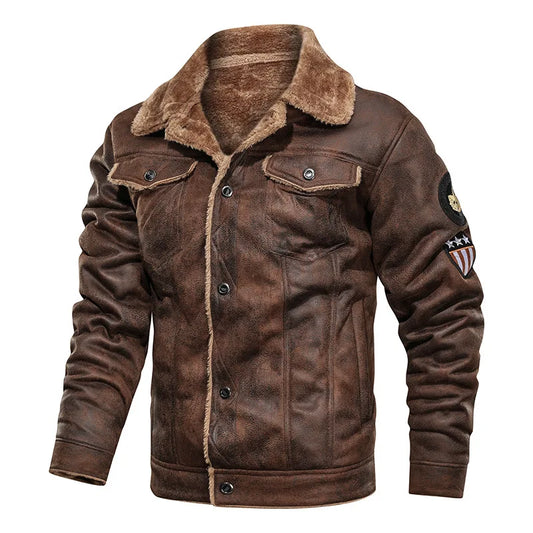 Man Leather Jacket Winter New High Street Turn Down Collar Male Bomber Outerwear Single-breasted Lon