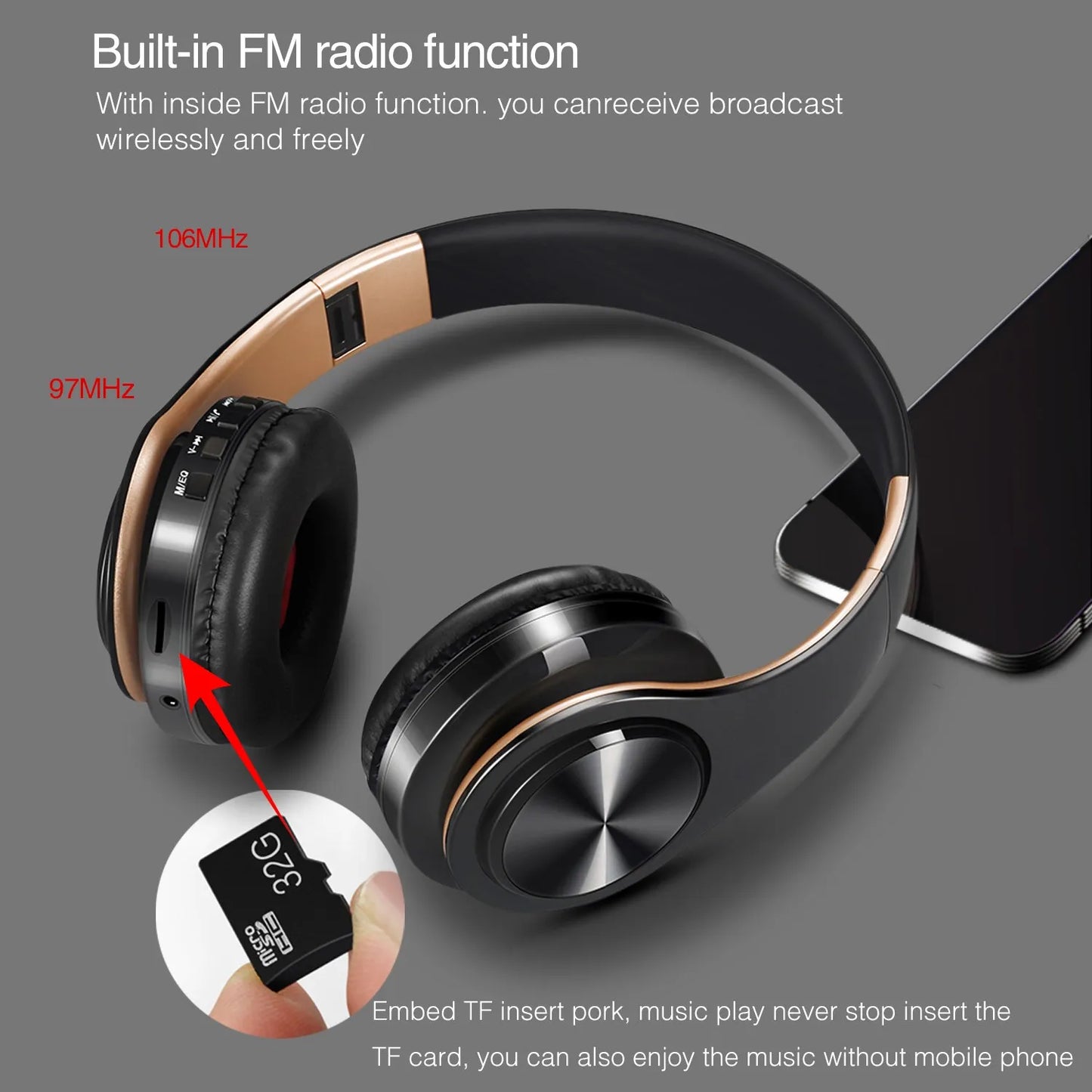 HIFI Stereo Earphones Bluetooth Headphone Music FM and Support SD