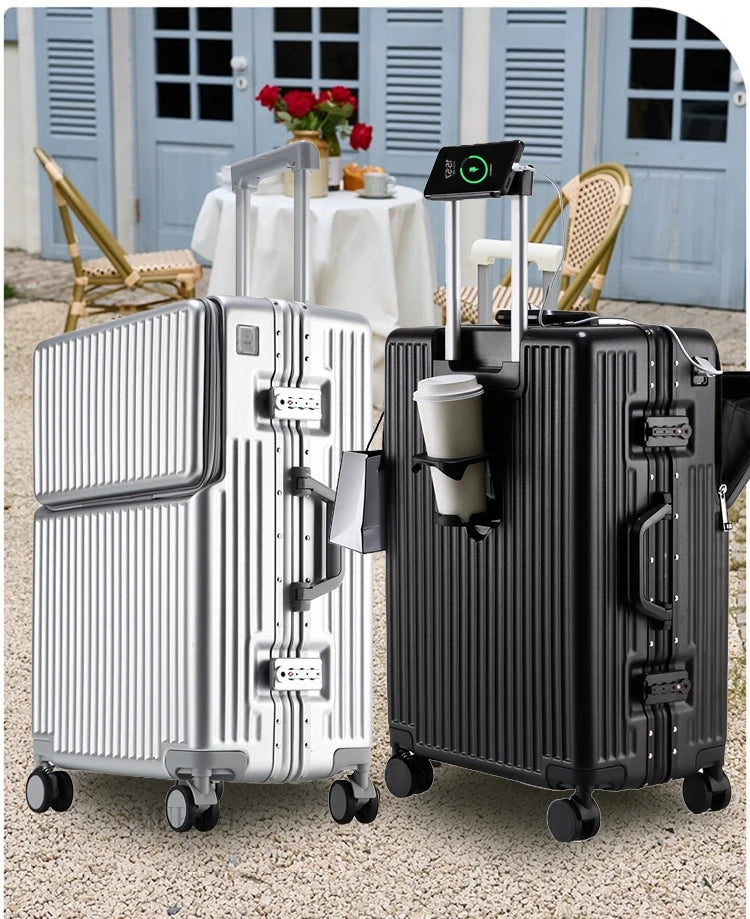 Aluminium Frame Suitcase Front Opening Cabin Luggage with USB Cup Holder Female Trolley Case Male Brake Wheel Travel Suitcase - Features and Specifications