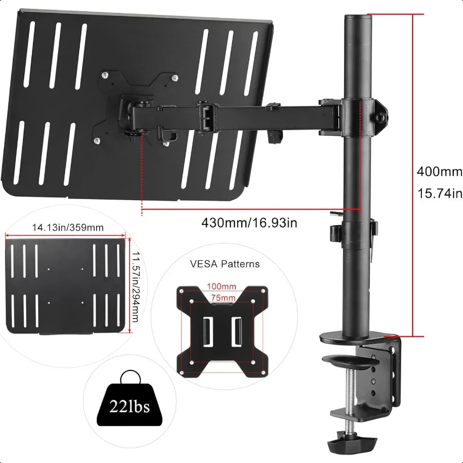 Laptop Notebook Desk Mount Stand Adjustable Single Monitor Laptop Arm Mount with Ventilated Tray up to 17 inch Holds up to...