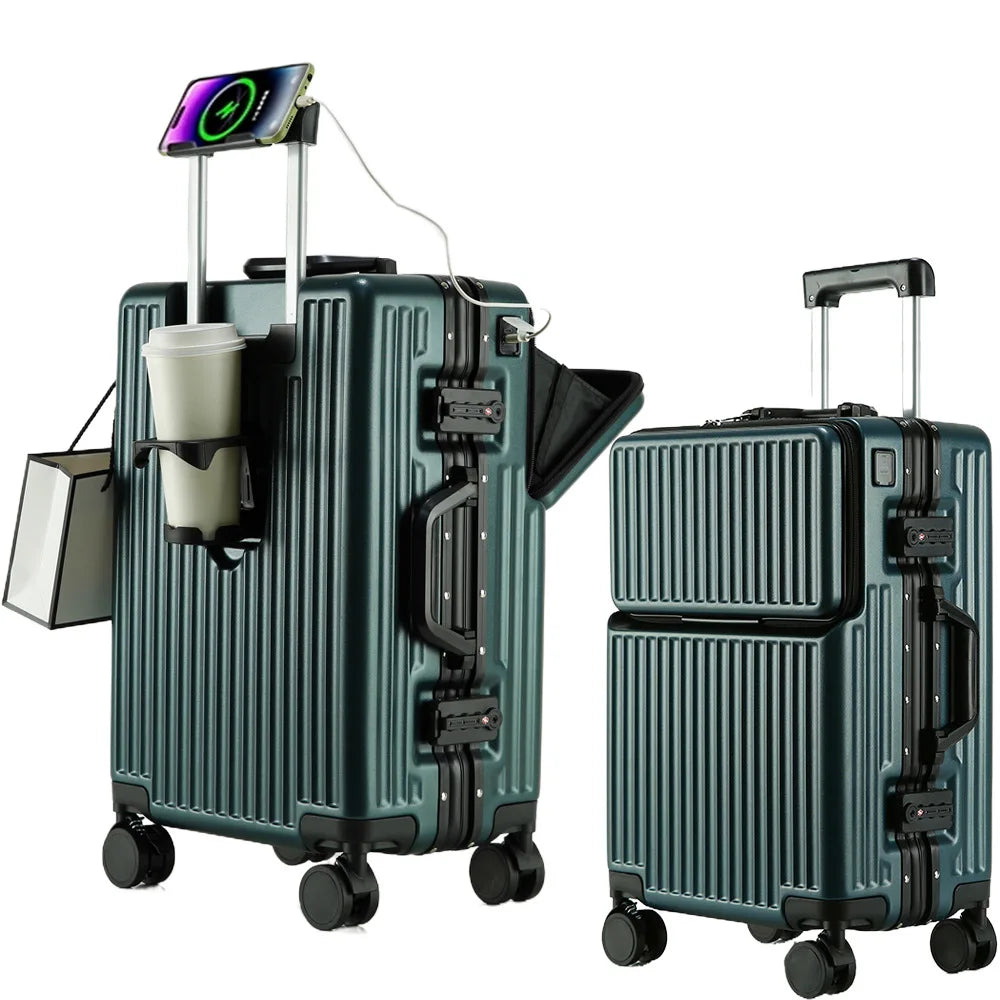 Aluminium Frame Suitcase Front Opening Cabin Luggage with USB Cup Holder Female Trolley Case Male Br - Gallery image 16
