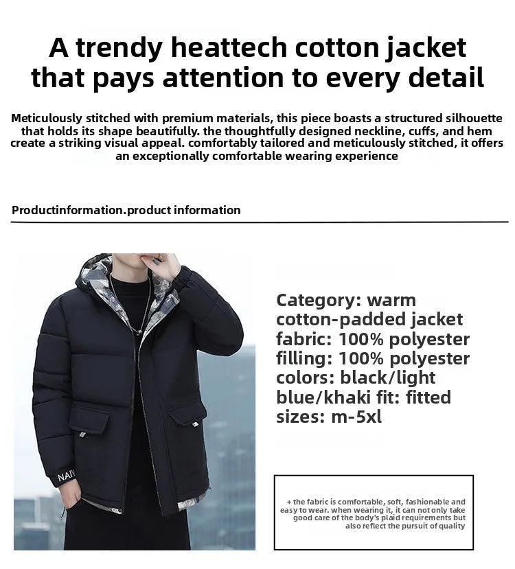 Black cotton jacket with text describing features and specifications