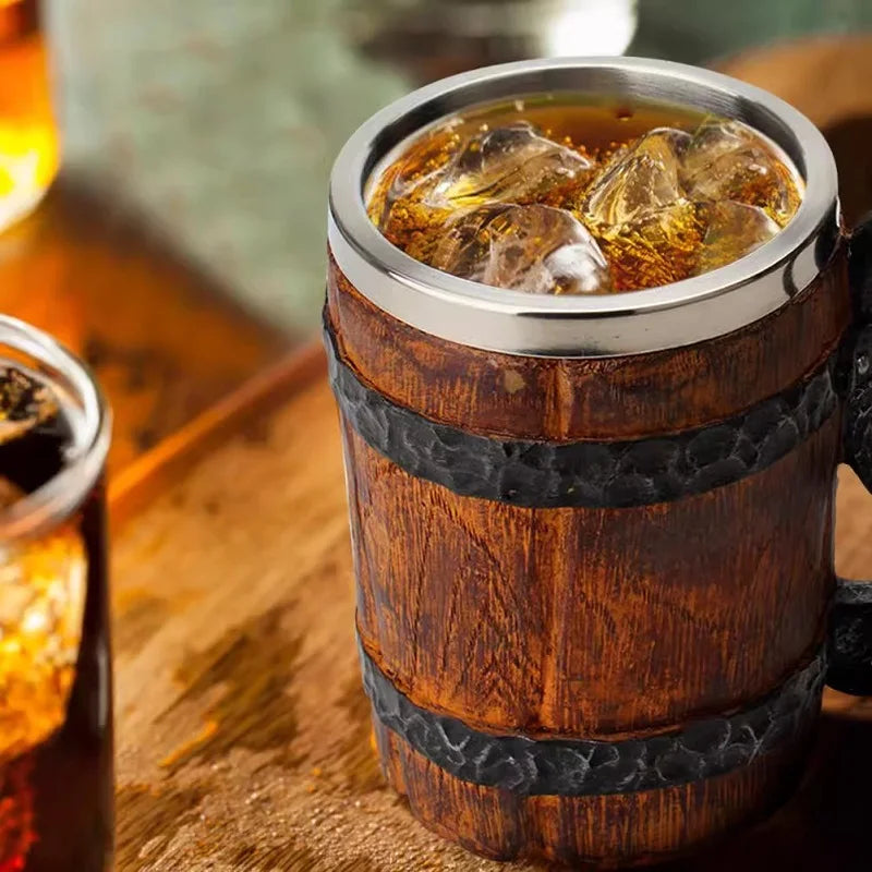 600ml Viking Wood style Beer Mug Christmas Gift Simulation Wooden Barr - Side View