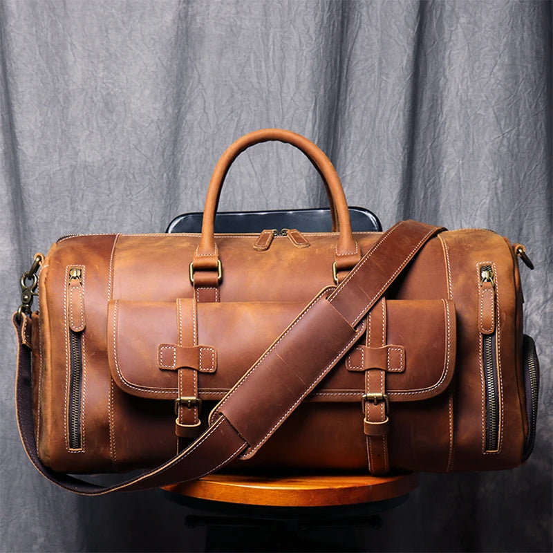 MUNUKI Vintage Crazy Horse Genuine Leather Travel bag Large Luggage
