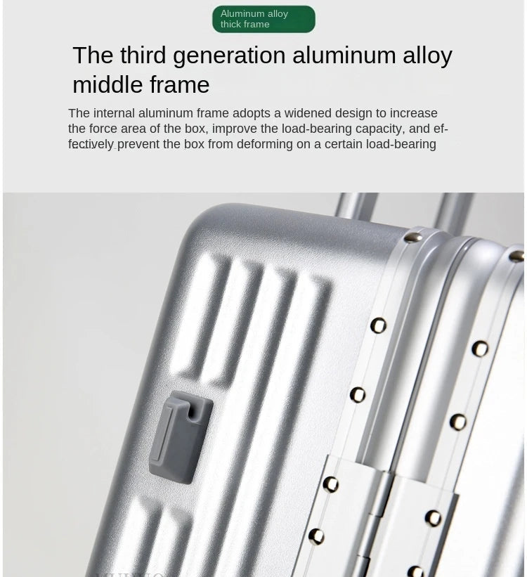 Silver suitcase with text about aluminum alloy middle frame