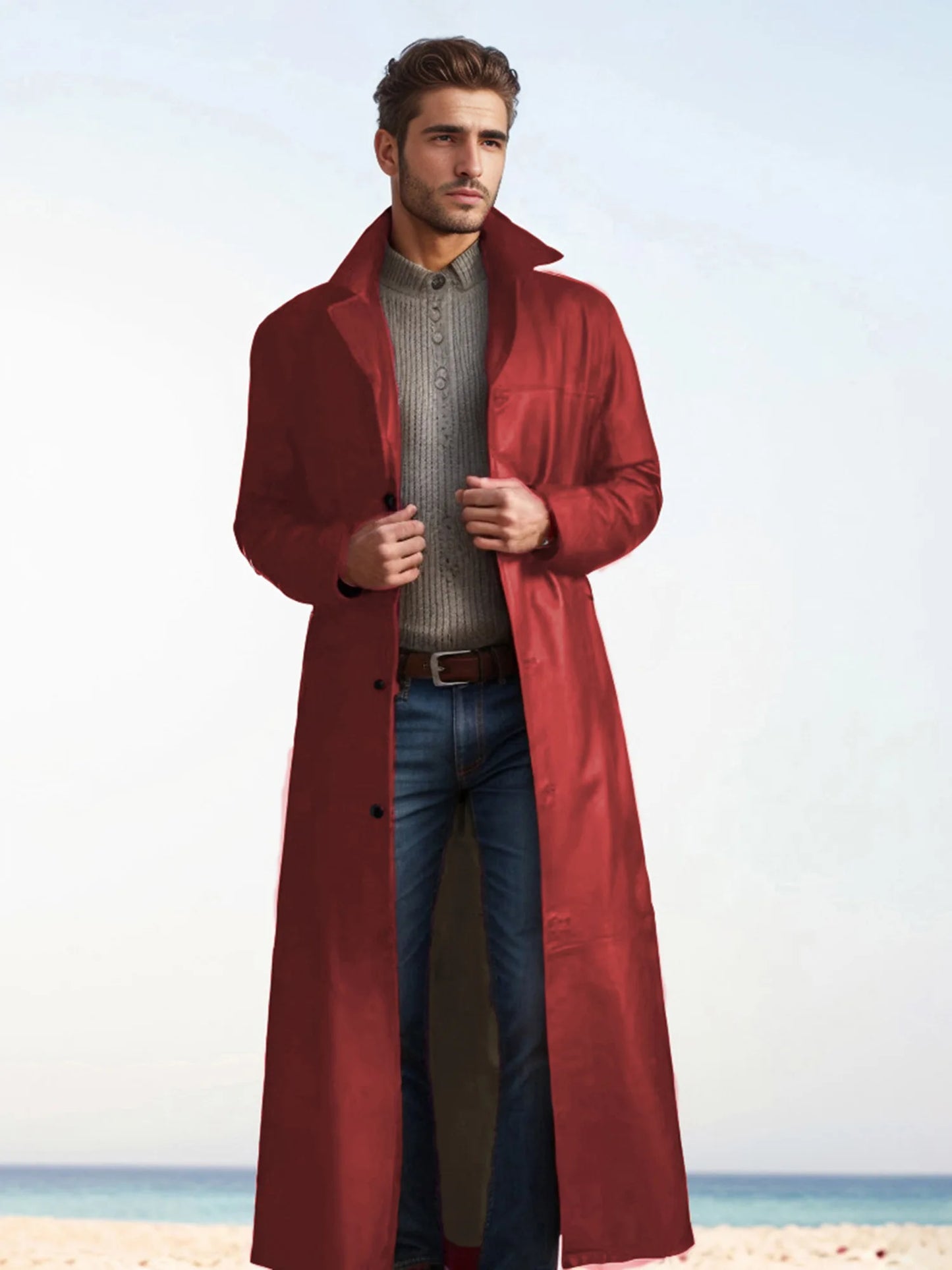 Men s Faux Leather Jacket Classic Lapel Collar Long Sleeve Button