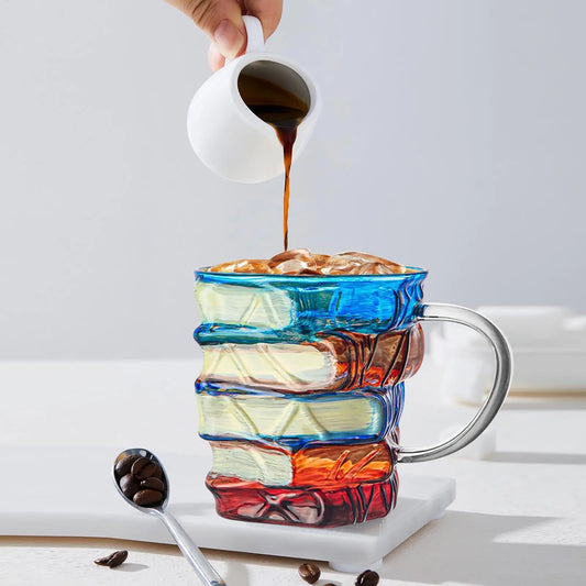 3D Painted Book Mug 350ml Colored Glass Drinking Cups Unique Design Li - Front View
