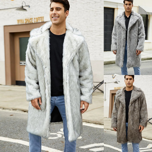 Men Long Faux Fur Coat Jacket Thick Warm Coats Turn Down Collar Full Sleeve Spli - Main View
