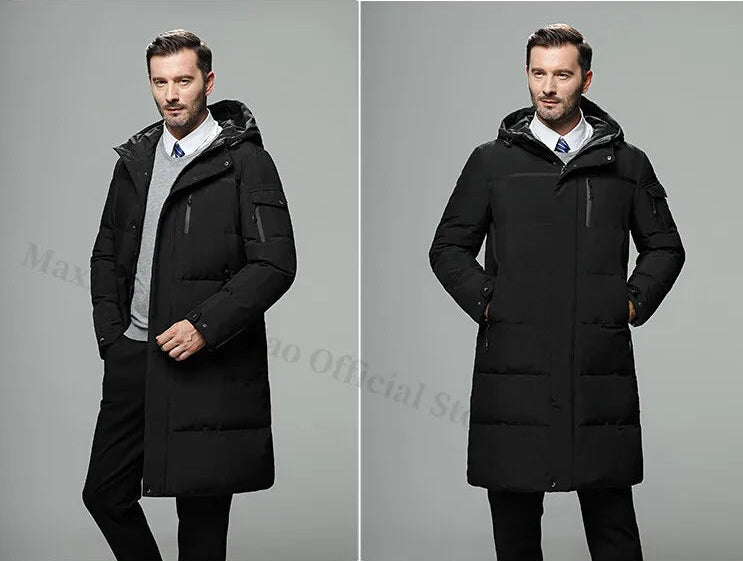 Two views of a man wearing a black winter coat on a gray background