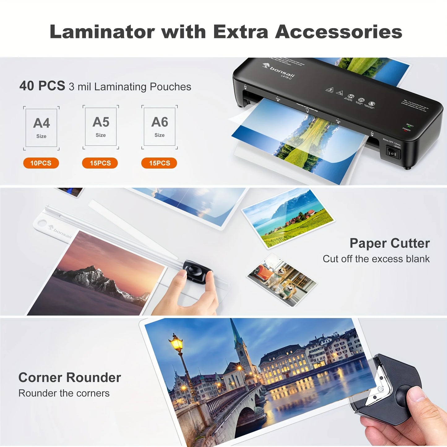 BONSAII Laminator 9 inch - 4-in-1 Never Jam with 40 Sheets - Close-up