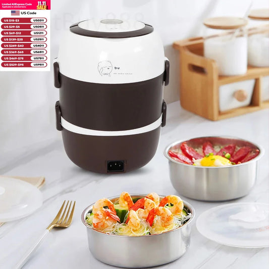 2L 3 Layers Electric Lunch Box 200W Food Warmer Stainless Steel