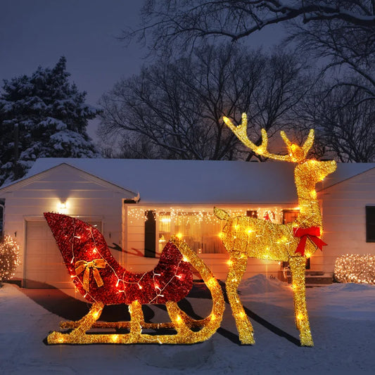 Christmas Reindeer and Sleigh Decoration With LED Light Glowing Glitte - Main View