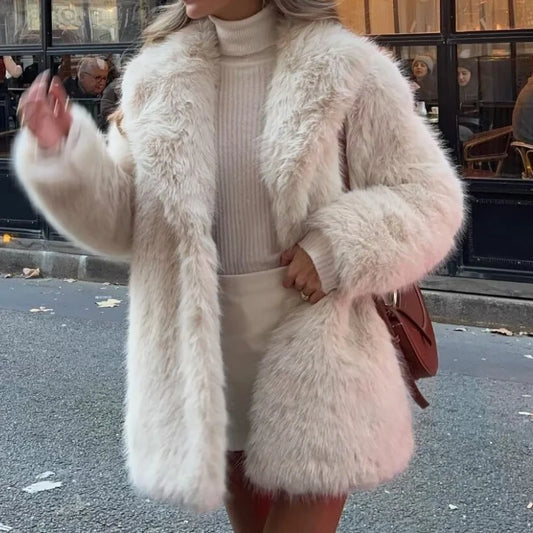 Faux Fur Coats Women Mid Length Turn Down Collar Coat Thick Warm Y2k Streetwear  - Main View