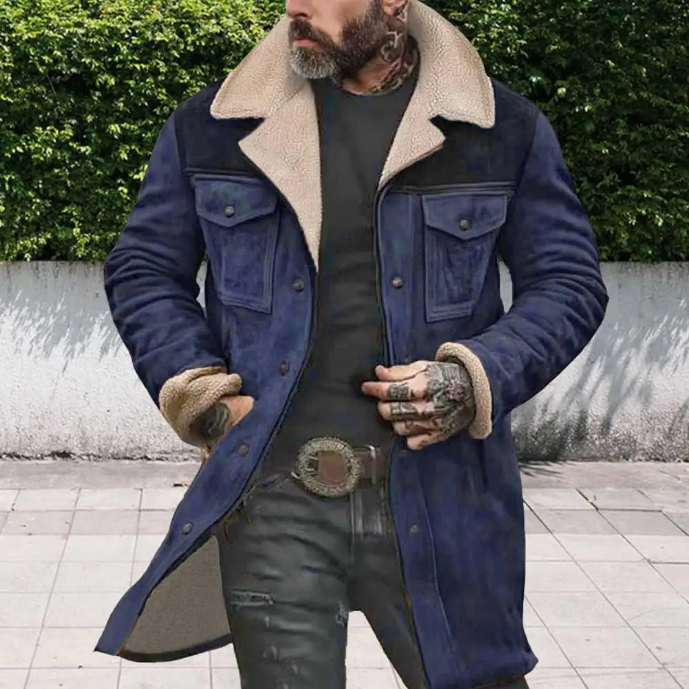 Suede Men Jacket Plush Lamb Wool Lining Lapel Winter Jacket Vintage Sheepskin Sh - View 4