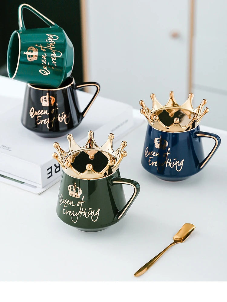 400ml Crown Ceramic Coffee Cup Fine Couple Mug with Lid Simple