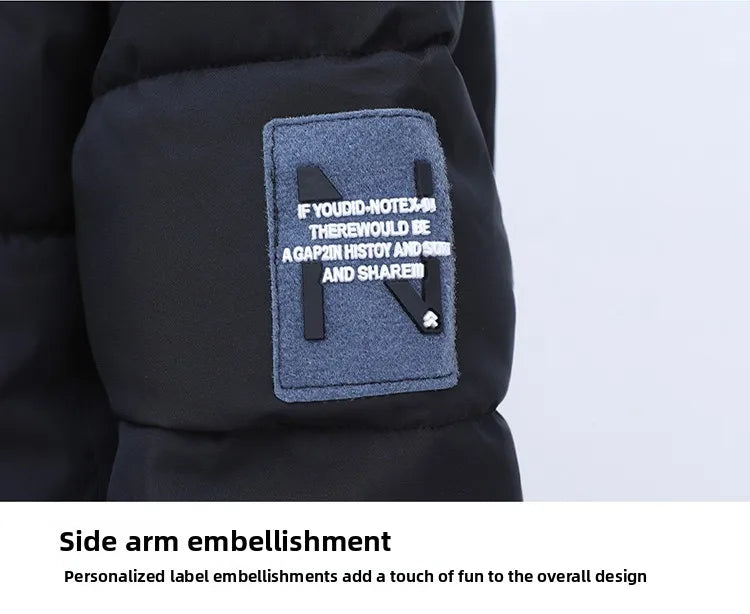 Black jacket with a blue embroidered label on a light gray background