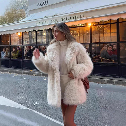 Faux Fur Coats Women Mid Length Turn Down Collar Coat Thick Warm Y2k Streetwear  - Side View