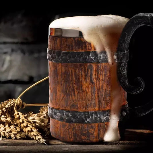 600ml Viking Wood style Beer Mug Christmas Gift Simulation Wooden Barr - Front View
