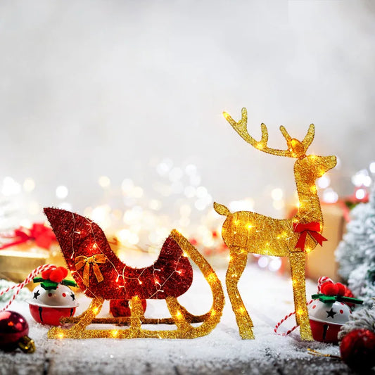 Christmas Reindeer and Sleigh Decoration With LED Light Glowing Glitte - Front View