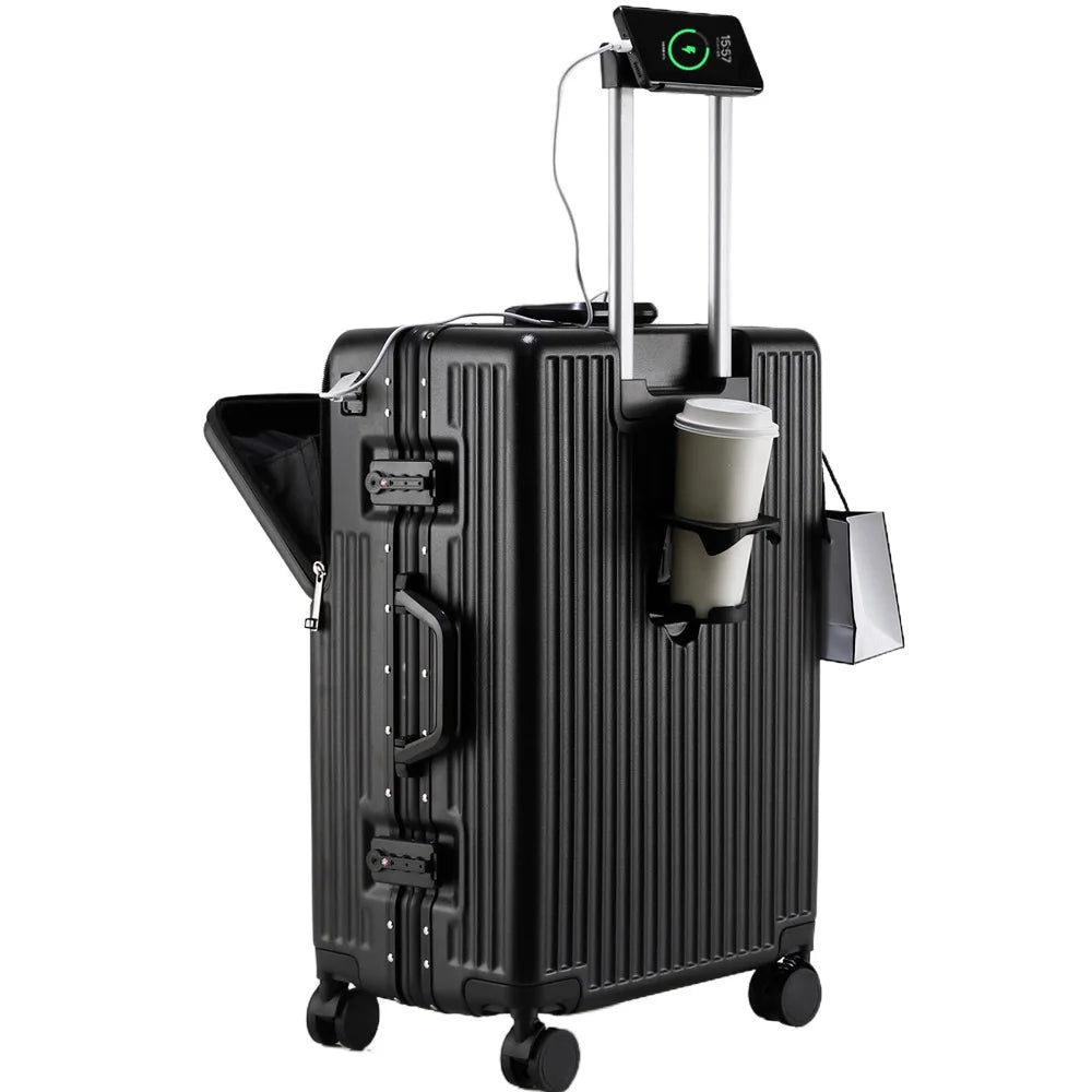 Aluminium Frame Suitcase Front Opening Cabin Luggage with USB Cup Holder Female Trolley Case Male Br - Gallery image 18