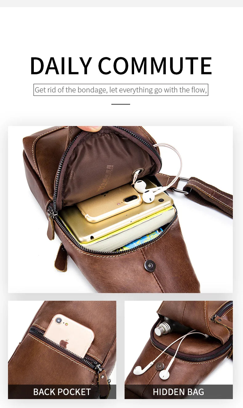 BULLCAPTAIN Genuine Leather Chest Bag Casual Triangle Crossbody