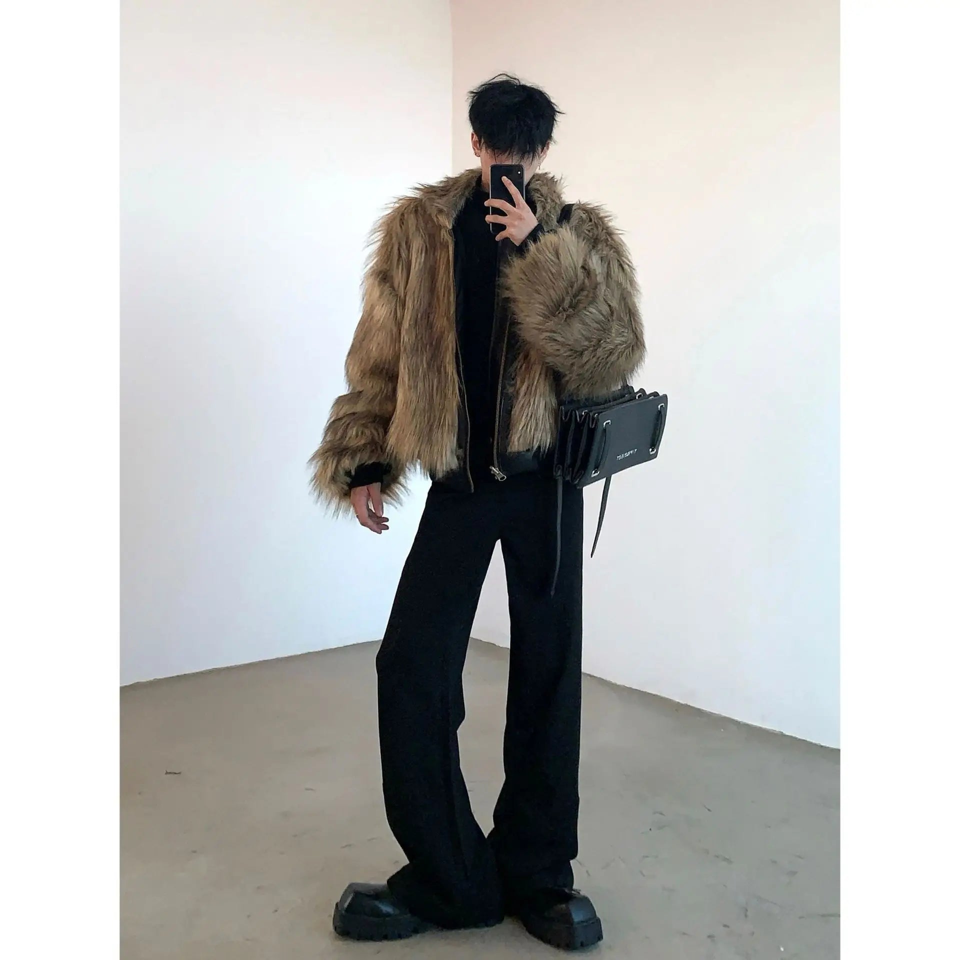 Men Faux Fur Jacket Coat Pu Leather 2025 Winter Thick Warm Outerwear Spliced Hoo - Detail View