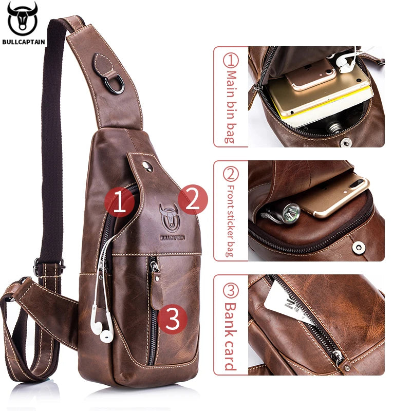 BULLCAPTAIN Genuine Leather Chest Bag Casual Triangle Crossbody