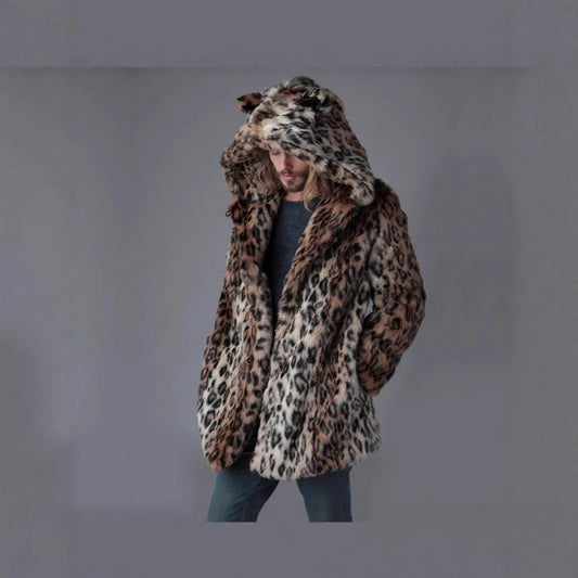 Men Faux Fur Jacket Winter Coat Thick Hooded Leopard Print Mid Length Warm Ears  - Side View