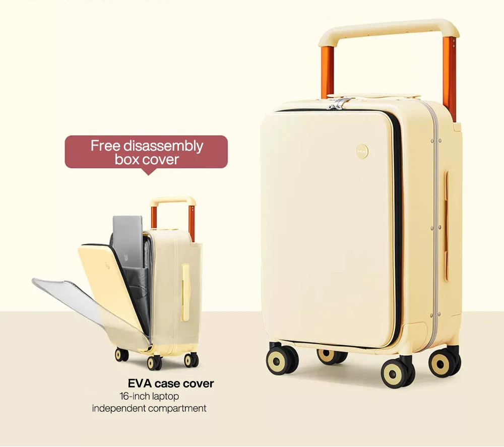 Beige suitcase with orange handles and wheels, featuring the MIXI brand on a white background.