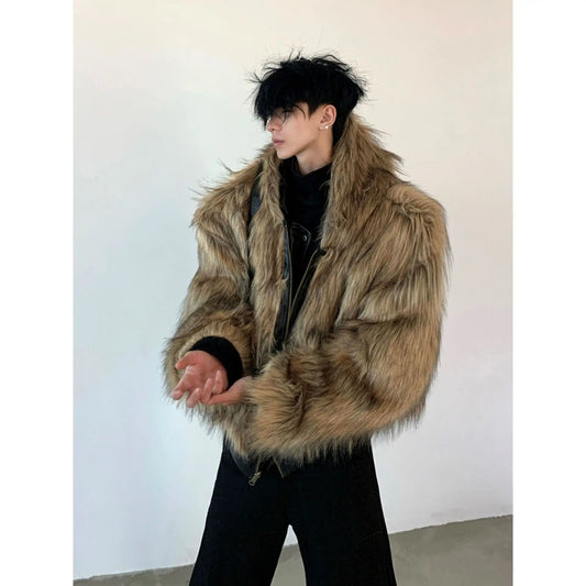 Men Faux Fur Jacket Coat Pu Leather 2025 Winter Thick Warm Outerwear Spliced Hoo - Main View