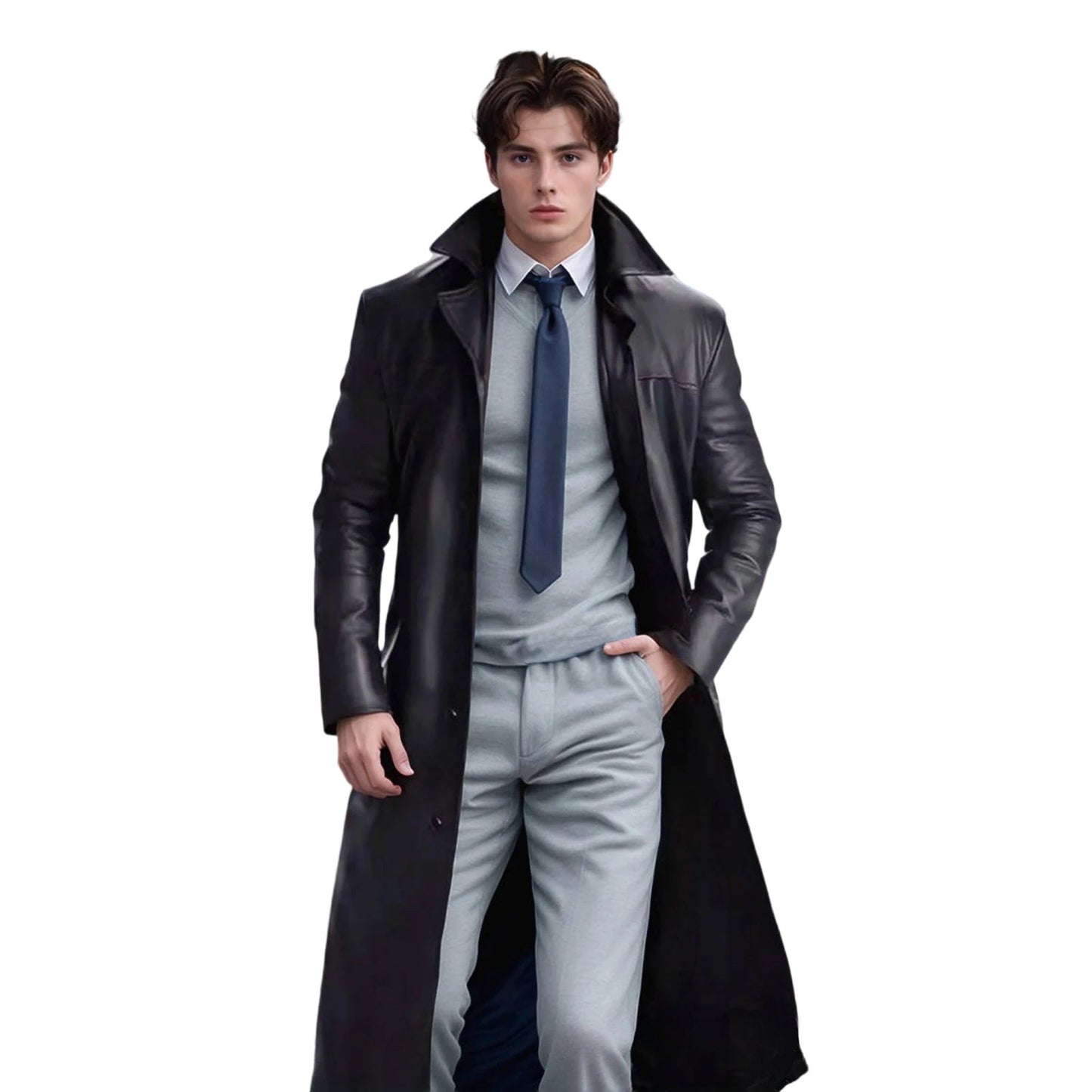 Men s Faux Leather Jacket Classic Lapel Collar Long Sleeve Button