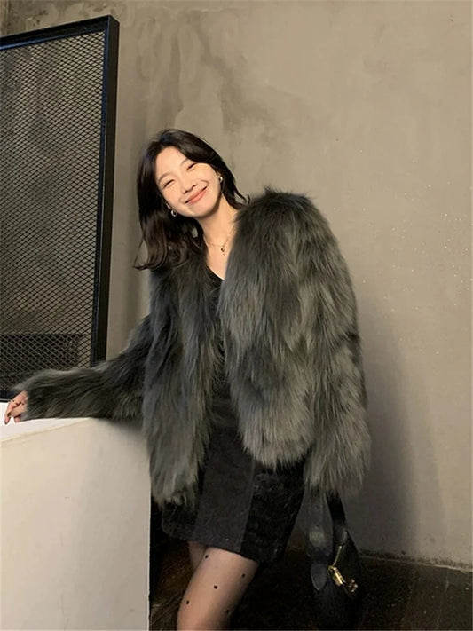Eco-Friendly  Fur Coat Young Sle V-Ne Women's Jaet Thi ort Faionable Winter Oute - Side View