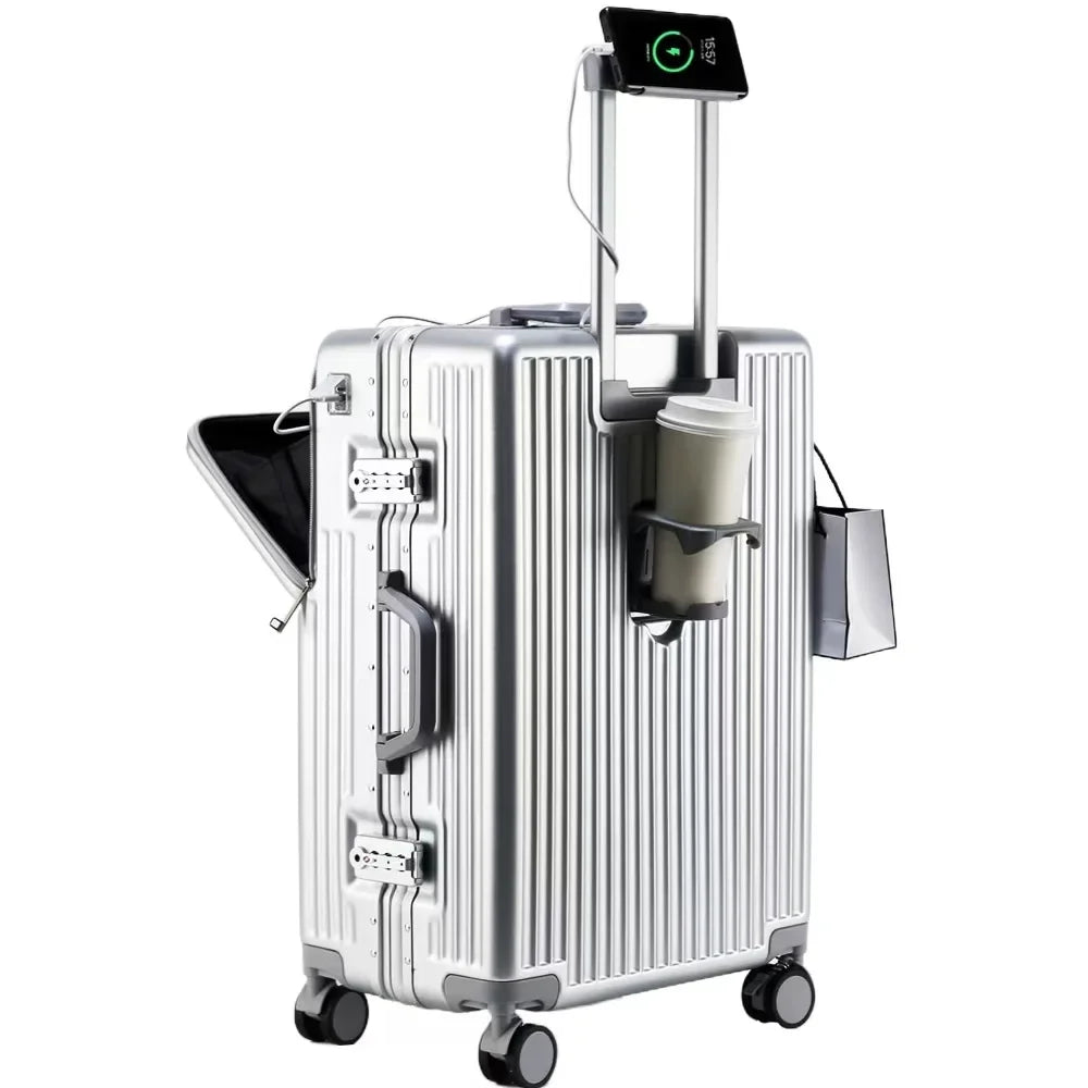 Aluminium Frame Suitcase Front Opening Cabin Luggage with USB Cup Holder Female Trolley Case Male Br - Gallery image 17