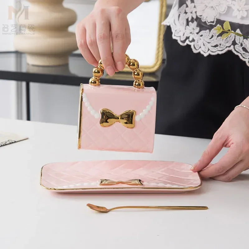 Creative Light Luxury Bag Shaped Ceramic Mug Personalized Coffee Cup Plate Set Home Drinking Cup Girl Gift Home Decoration...